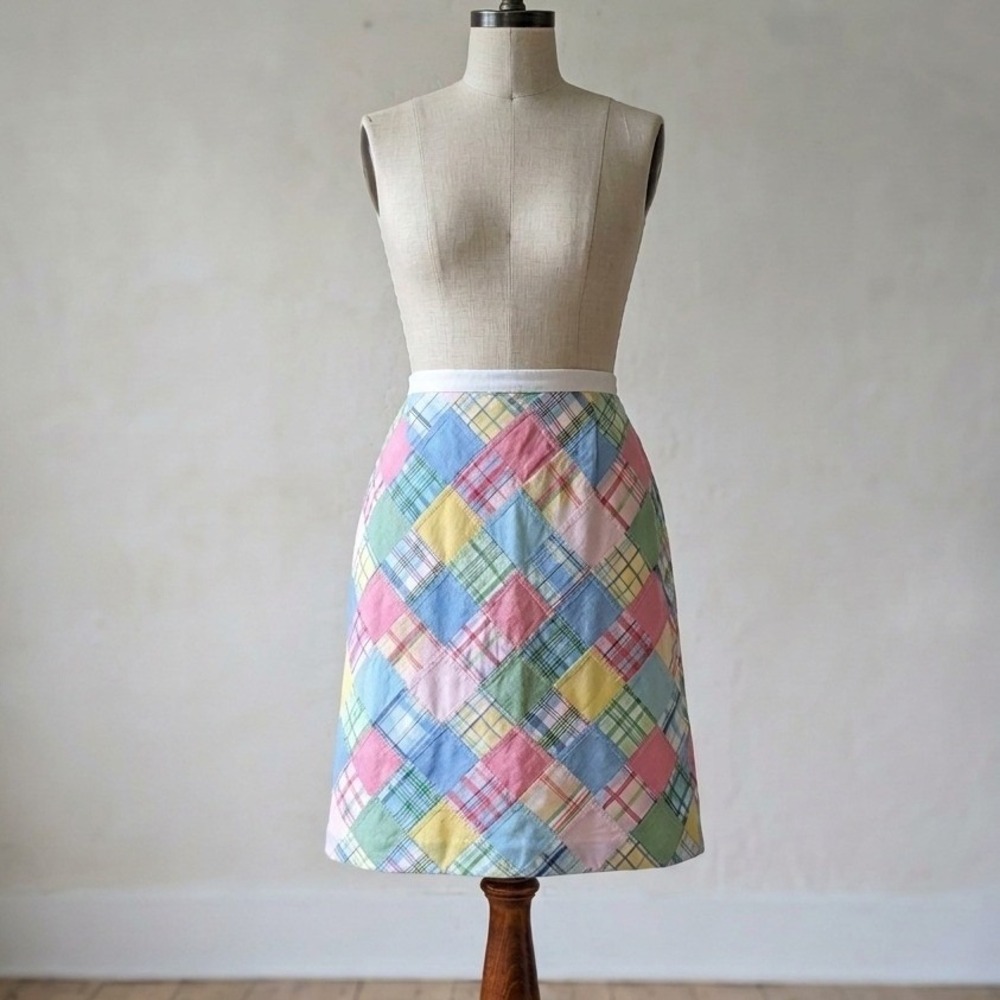 Brooks Brothers Womens Pastel Patchwork Madras Plaid Cotton A-Line Skirt Size‎ 8